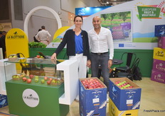 Emilie Raveleau and Mohamed Chair of French apple exporter La Blottiere. They export their apples to Asia, the Middle East, and South America. It's been a good fair, for their upcoming season they see lots of potential as the apples have good quality. They hope the logistical issues they experienced last season will finally be over, and the Red Sea will be available for transport again.